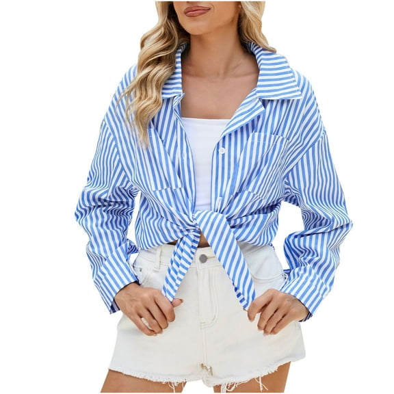 Erwazi Long Sleeve Button Down Shirts for Women Striped Printed Dressy Blouse Casual Loose Fall Tops Oversized Shirts with Pockets