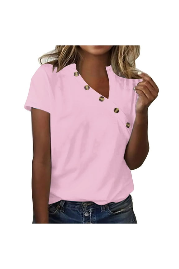 Summer Tops for Women 2024 Trendy T Shirts Casual Short Sleeve Asymmetric V Neck Button Dressy Blouses Shirts
