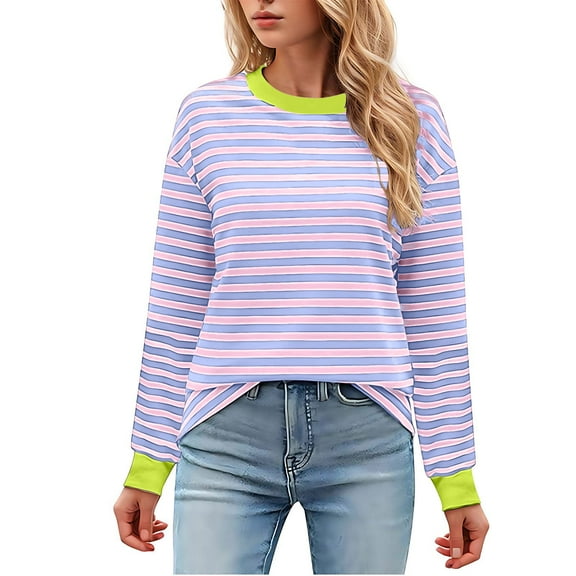 Erwazi Womens Long Sleeve Striped Shirts Loose Fit Casual Crewneck Sweatshirts Lightweight Trendy T-shirts Fall Tops