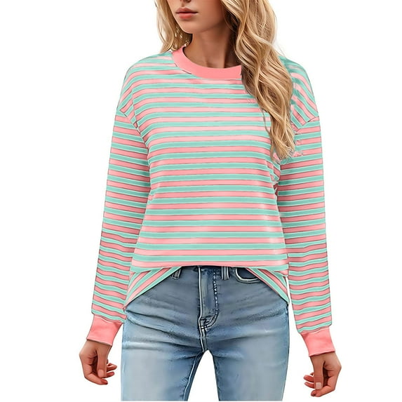 Erwazi Womens Long Sleeve Striped Shirts Loose Fit Casual Crewneck Sweatshirts Lightweight Trendy T-shirts Fall Tops