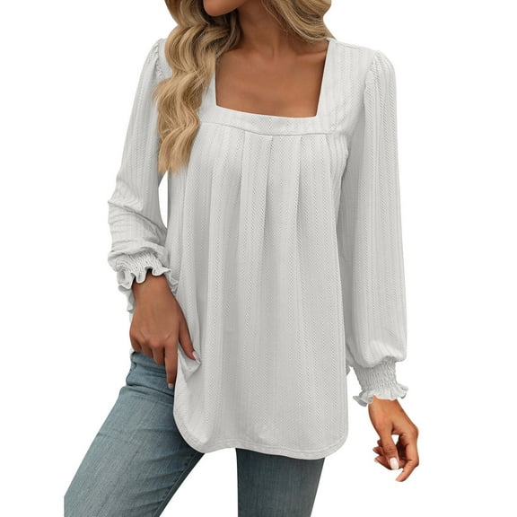 Erwazi Womens Square Neck Long Sleeve Tunic Tops Casual Pleated Puff Sleeve T Shirts Fall Loose Blouse Tee