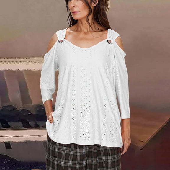 Womens Clothing Homenesgenics Woman Clothes under $5 2025 Women's Fashion Casual Solid Color Shoulder Leakage Short Sleeve Pullover Short Sleeve Tops White M