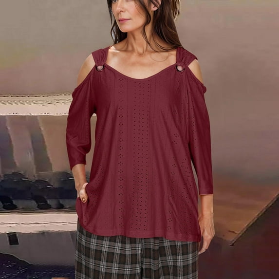 Womens Clothing Homenesgenics Woman Clothes under $5 2026 Women's Fashion Casual Solid Color Shoulder Leakage Short Sleeve Pullover Short Sleeve Tops Red S