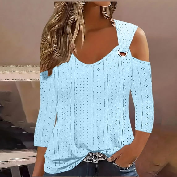 Womens Clothing Homenesgenics Woman Clothes under $5 2025 Women's Fashion Casual Solid Color Shoulder Leakage Short Sleeve Pullover Short Sleeve Tops Blue M