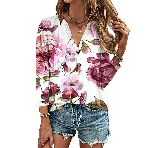 Womens Clothing Homenesgenics Woman Clothes under $5 Women's Casual Fashion Loose-Neck Button Print-quarter Sleeve Tops White XXXL