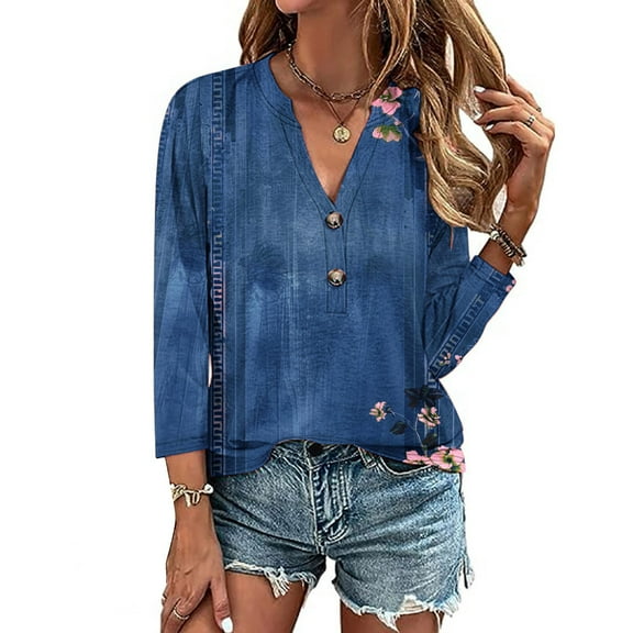 Womens Clothing Homenesgenics Woman Clothes under $5 Women's Fashion Solid Button Shirt Female V-Neck Loose T-Shirt Blouse Blue XL