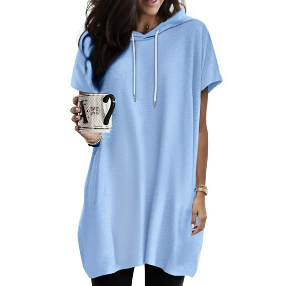 Womens Clothing Homenesgenics Woman Clothes under $5 Women's Solid Color Hooded Drawstring Round Neck Short Sleeved T-Shirt Loose Tops Blue XXL