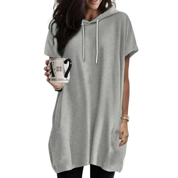 Womens Clothing Homenesgenics Woman Clothes under $5 Women's Solid Color Hooded Drawstring Round Neck Short Sleeved T-Shirt Loose Tops Gray S