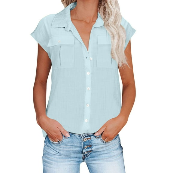 Womens Clothing Homenesgenics Womens Tops under $10 2025 Women's Summer Casual Fashion Lapel Button-up Short-sleeved Shirt Blue XXL