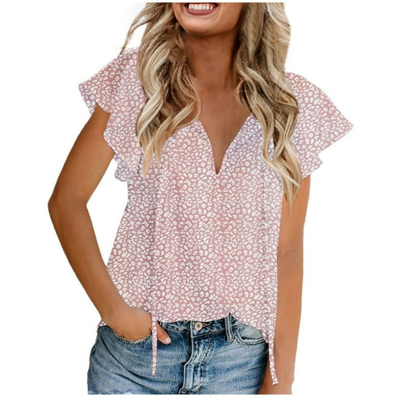 Womens Clothing Homenesgenics Womens Tops under $10 Fragmented Casual V-Neck Chiffon Shirt Loose and Short Sleeved Tops for Women Pink S