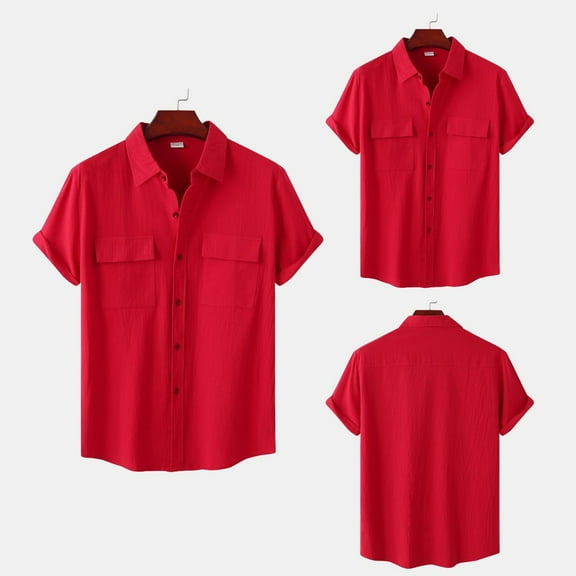 Womens Clothing Homenesgenics Womens Tops under $10 Unisex Color Button Shirts Neck Loose Blouse Short Sleeve Casual Work Tunic with Pocket Red M