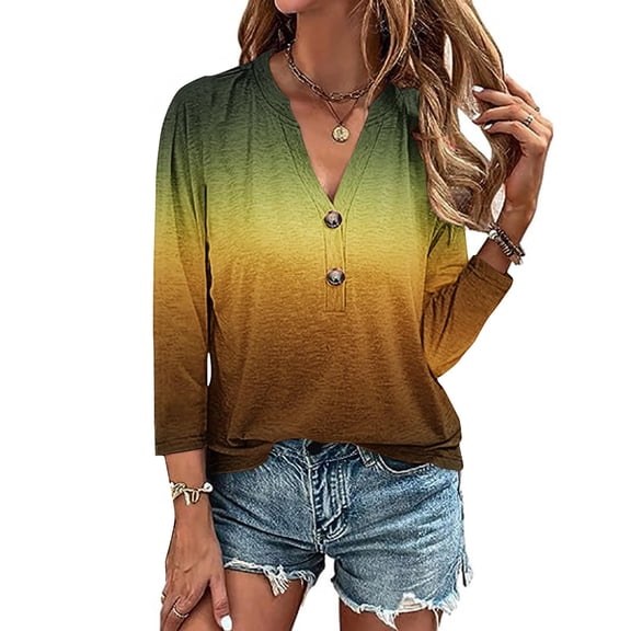 Womens Clothing Homenesgenics Womens Tops under $10 Women's 3/4 Sleeve Solid Color Button Shirt Women's Loose T-Shirt Tops V-Neck Tops/Shirt Yellow XL