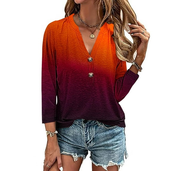 Womens Clothing Homenesgenics Womens Tops under $10 Women's 3/4 Sleeve Solid Color Button Shirt Women's Loose T-Shirt Tops V-Neck Tops/Shirt Red XXXXL