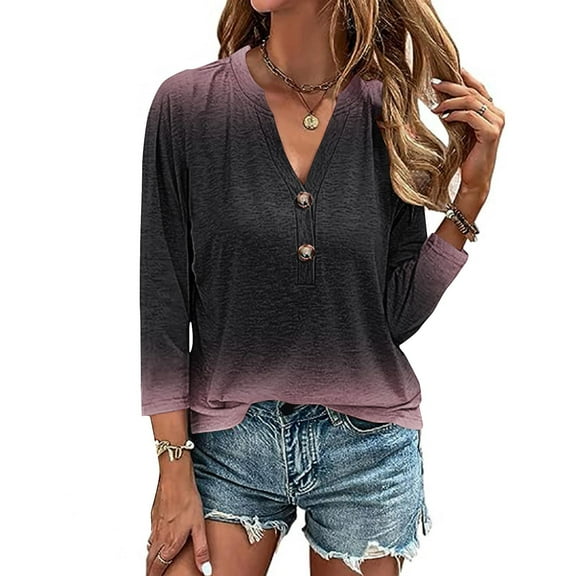 Womens Clothing Homenesgenics Womens Tops under $10 Women's 3/4 Sleeve Solid Color Button Shirt Women's Loose T-Shirt Tops V-Neck Tops/Shirt Purple M