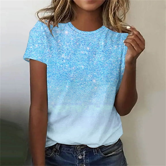 Womens Clothing Homenesgenics Womens Tops under $10 Women's Casual Sparkling Crystal Printed Round Neck Short Sleeved Tops Blue XXXL