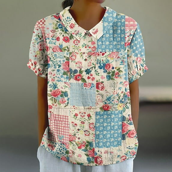 Womens Clothing Homenesgenics Womens Tops under $10 Women's Casual Style Casual Printed Short Sleeve Blouse-Sleeve Blouse/Shirt Multicolor S