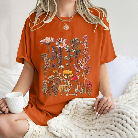 Womens Clothing Homenesgenics Womens Tops under $10 Women's Floral Pattern Short Sleeved Round Neck Drop Shoulder Sleeve T-Shirt Tops Orange XXL