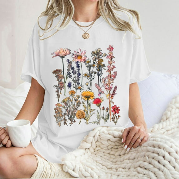 Womens Clothing Homenesgenics Womens Tops under $10 Women's Floral Pattern Short Sleeved Round Neck Drop Shoulder Sleeve T-Shirt Tops White L