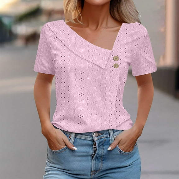 Womens Clothing Homenesgenics Womens Tops under $10 Women's Loose Summer Casual Solid Color V-Neck Short Sleeved T-Shirt Tops Pink M