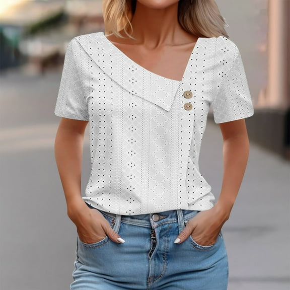 Womens Clothing Homenesgenics Womens Tops under $10 Women's Loose Summer Casual Solid Color V-Neck Short Sleeved T-Shirt Tops White L
