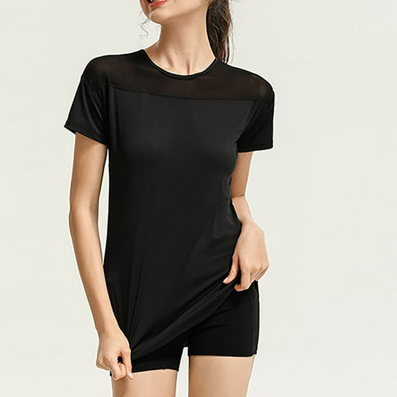 Womens Clothing Homenesgenics Womens Tops under $10 Women's Solid Round Neck Mesh Style Back Hollowed Out Loose Drying Short Sleeved T-Shirt Black L