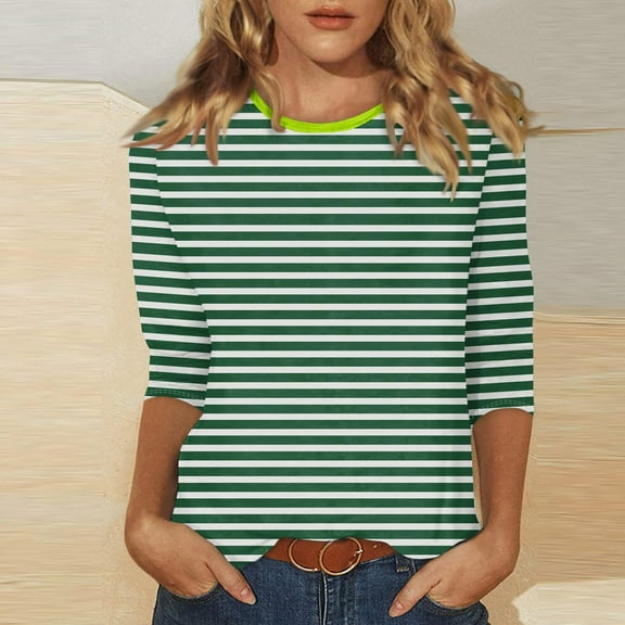 Womens Clothing Homenesgenics Womens Tops under $5 Fashion Women's Striped Printed Blouses Three-Quarter Sleeve T-Shirt Round-Neck Tops Green XL
