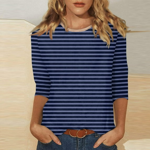 Womens Clothing Homenesgenics Womens Tops under $5 Fashion Women's Striped Printed Blouses Three-Quarter Sleeve T-Shirt Round-Neck Tops Blue S