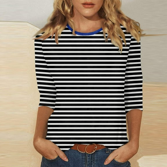 Womens Clothing Homenesgenics Womens Tops under $5 Fashion Women's Striped Printed Blouses Three-Quarter Sleeve T-Shirt Round-Neck Tops Black XL