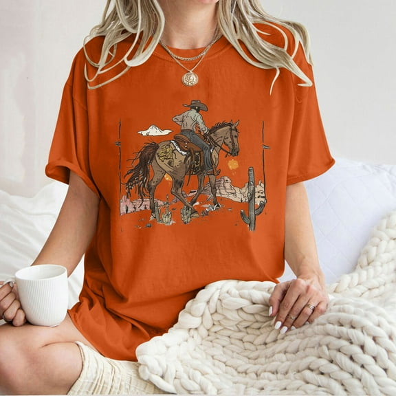 Womens Clothing Homenesgenics Womens Tops under $5 Women's Cowboy Competition Casual Concert T Shirts Vintage Cow Skull Graphic Tees Oversized Orange M