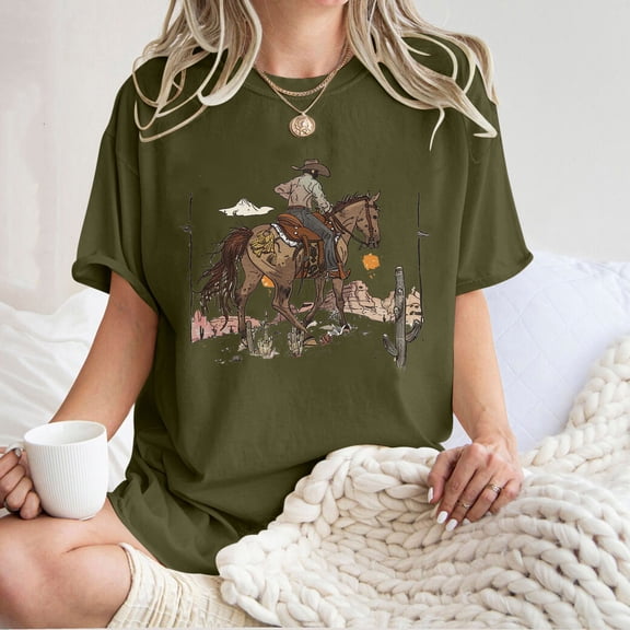 Womens Clothing Homenesgenics Womens Tops under $5 Women's Cowboy Competition Casual Concert T Shirts Vintage Cow Skull Graphic Tees Oversized Green M