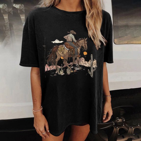 Womens Clothing Homenesgenics Womens Tops under $5 Women's Cowboy Competition Casual Concert T Shirts Vintage Cow Skull Graphic Tees Oversized Black L