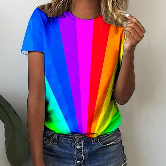 Womens Clothing Homenesgenics Womens Tops under $5 Women's Fashion Casual Loose Blouse Colorful Printing Round Neck T-Shirt Shirts Print Tee Multicolor XXXL