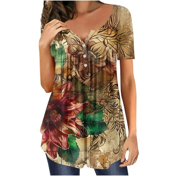 Womens Clothing Homenesgenics Womens Tops under $5 Womens Summer Casual V-Neck Hide Belly Short Sleeve T-Shirt Tunic Blouses Brown M