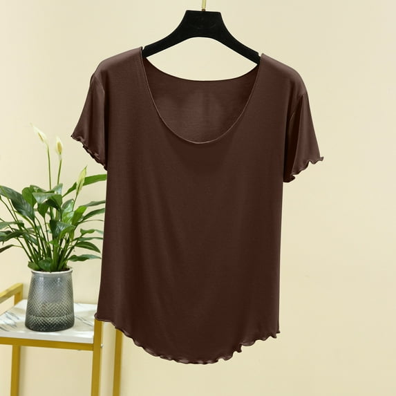 Womens Clothing Homenesgenics Womens Tops Crop Tops for Women Women's Solid Round Neck Lace Sleeves Short Sleeved Tops Short Sleeved Round Neck Tops/shirt Brown XL