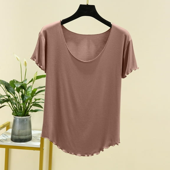 Womens Clothing Homenesgenics Womens Tops Crop Tops for Women Women's Solid Round Neck Lace Sleeves Short Sleeved Tops Short Sleeved Round Neck Tops/shirt Brown XL