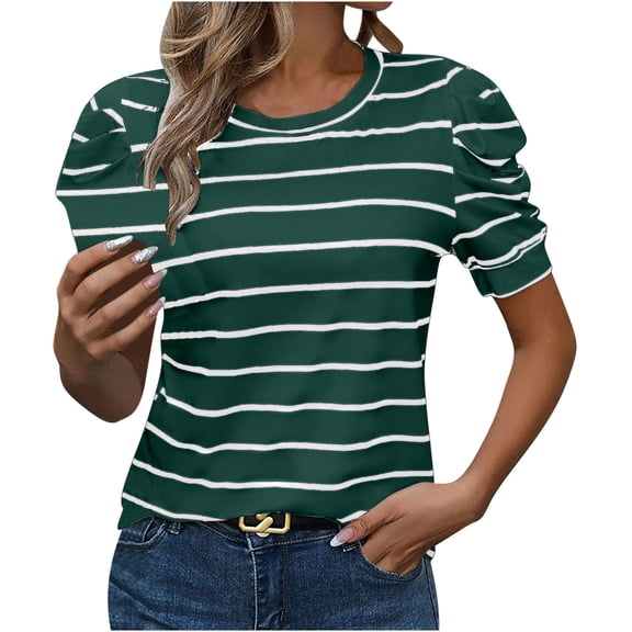 Womens Clothing Homenesgenics Womens Tops Fashion Women's Casual Blouses Striped Printed T-Shirt Throwing Sleeve Round Neck Tops Green S