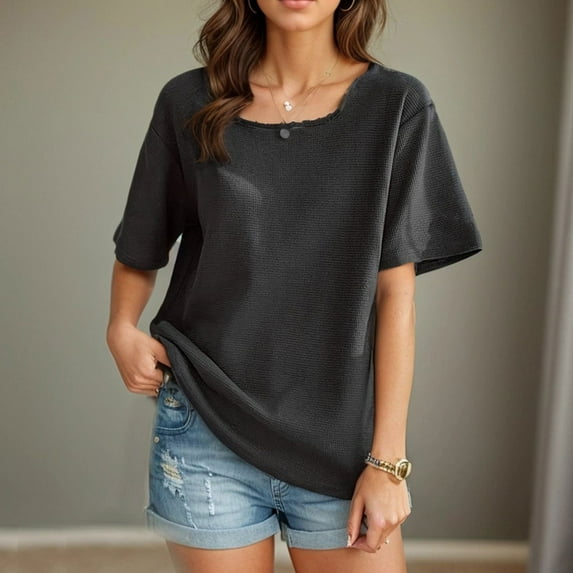 Womens Clothing Homenesgenics Womens Tops Women's Casual Solid Color Short-Sleeved Crew-Neck Tops Black L