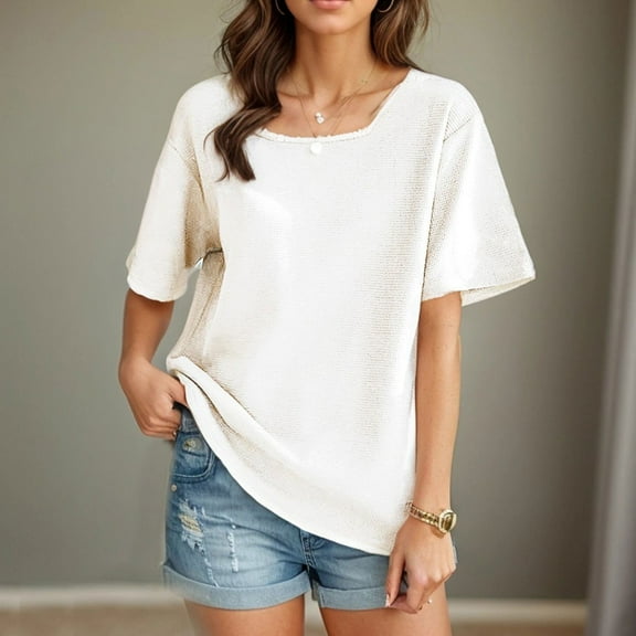 Womens Clothing Homenesgenics Womens Tops Women's Casual Solid Color Short-Sleeved Crew-Neck Tops White M