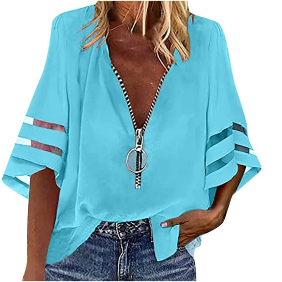 Womens Clothing Homenesgenics Womens Tops Women's Casual Solid Color Zipper Shirt Half Trumpet Sleeves Blouse Blue L