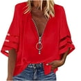 thumbnail image 1 of Womens Clothing Homenesgenics Womens Tops Women's Casual Solid Color Zipper Shirt Half Trumpet Sleeves Blouse Red S, 1 of 5