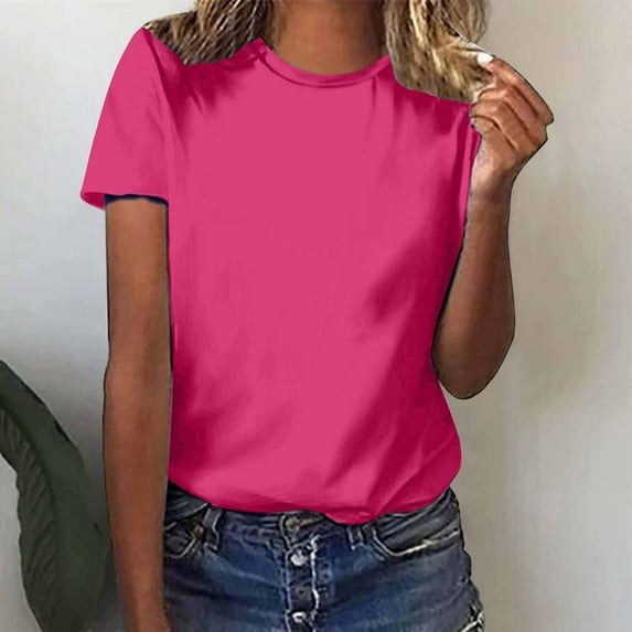 Womens Clothing Homenesgenics Womens Tops Women's Round Neck Solid Color Short Sleeved Casual Loose Short Sleeved Round Neck Tops/shirt Pink L