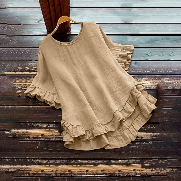 Womens Clothing Homenesgenics Womens Tops Womens Spring Summer Solid Color Casual Loose Fashion T-Shirt Short Sleeve Round-Neck Button Ramie Blouse Beige L