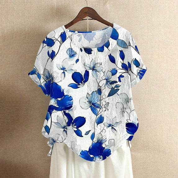 Womens Clothing Homenesgenics Womens Tops under $10 Women Buttons Short Sleeve Floral Print Buttons Linen Vintage Tops White M