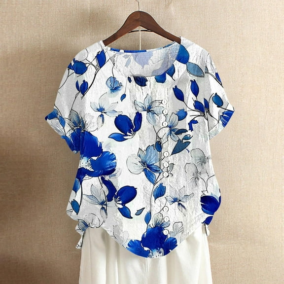 Womens Clothing Homenesgenics Womens Tops under $10 Women Buttons Short Sleeve Floral Print Buttons Linen Vintage Tops White XXL