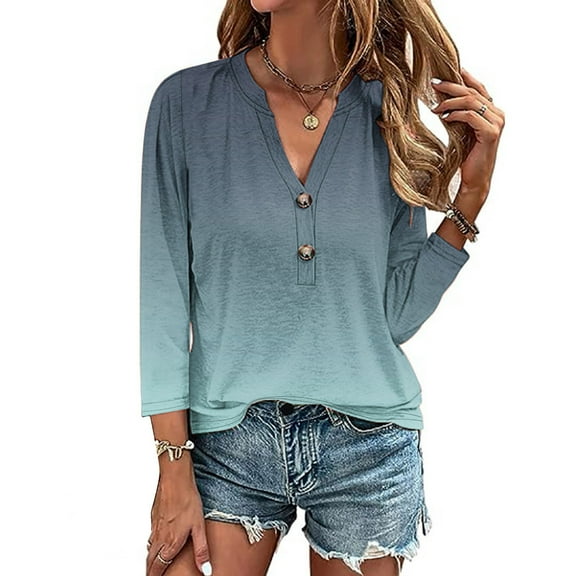 Womens Clothing Homenesgenics Womens Tops under $10 Women's Fashion Solid Button Shirt Female V-Neck Loose T-Shirt Blouse Gray L