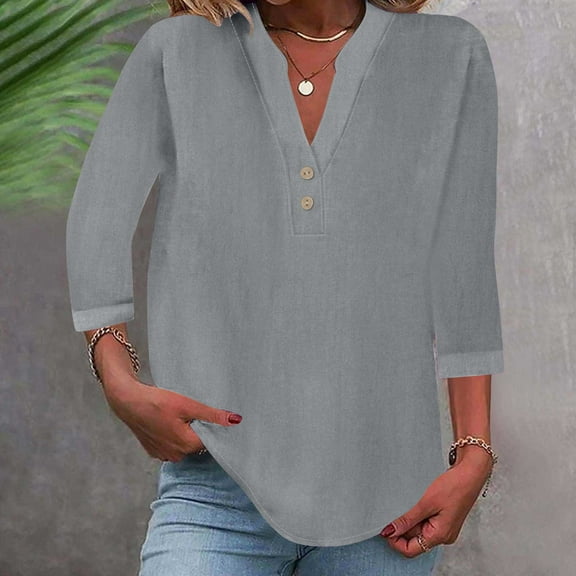 Womens Clothing Homenesgenics Womens Tops under $10 Women's Fashion Solid Button Shirt Female V-Neck Loose T-Shirt Blouse Gray M