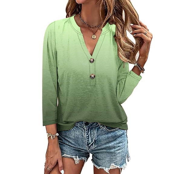Womens Clothing Homenesgenics Womens Tops under $10 Women's Fashion Solid Button Shirt Female V-Neck Loose T-Shirt Blouse Green S