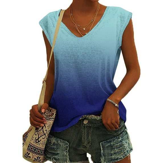 Womens Clothing Homenesgenics Womens Tops under $10 Women's Short Sleeve V Neck Printed Loose Tops Blouse T-Shirt Blue XXL