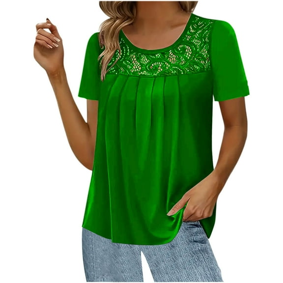 Womens Clothing Homenesgenics Womens Tops under $5 Women Fashion Lace Splicing Round Neck Short Sleeve T-Shirt Blouse Green S