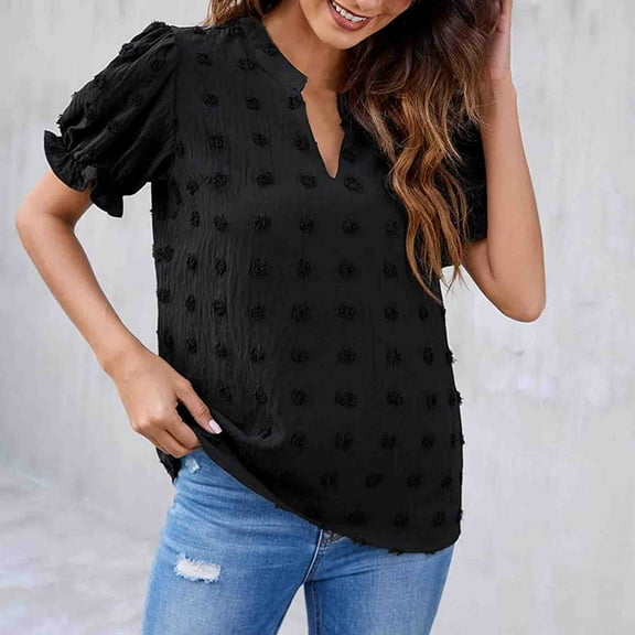 Womens Clothing Homenesgenics Womens Tops under $5 Women chiffon blouse v-Neck big ball of wool shirt with puffed sleeves Black M